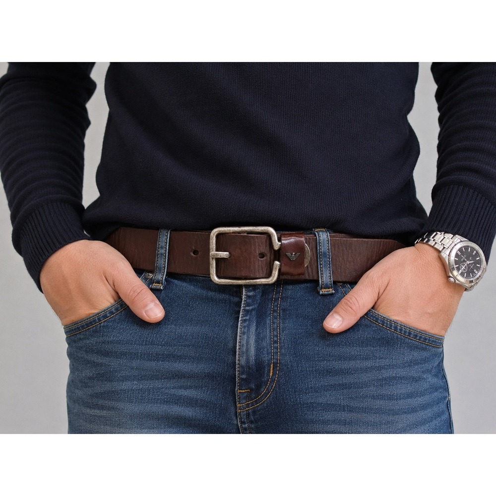 Armani Jeans Mens Dark Brown Pebbled Leather Belt Silver Eagle Logo Buckle 34 85